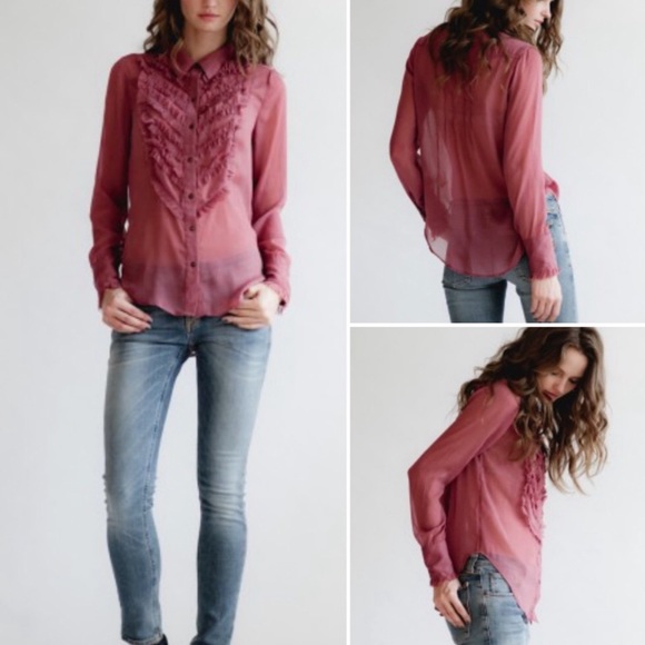 Free People ~ Sheer Button down Ruffle Top - Picture 2 of 9